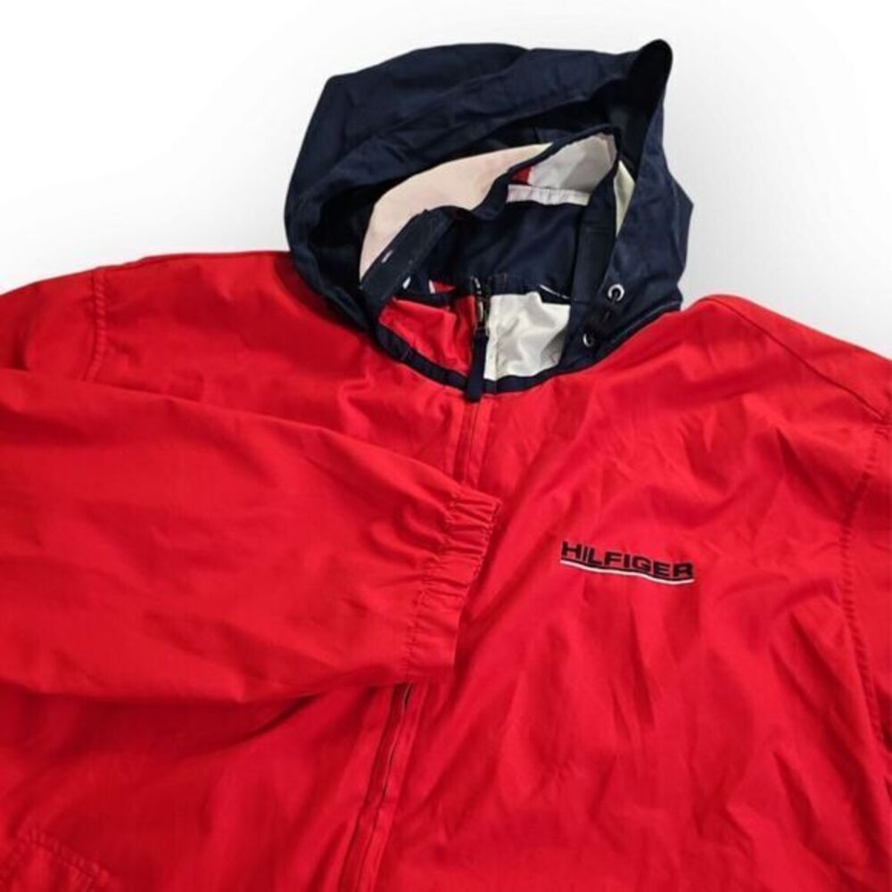 TOMMY HILFIGER Red Flag Windbreaker Jacket Mens XXL Hideaway Hood Vintage 90s